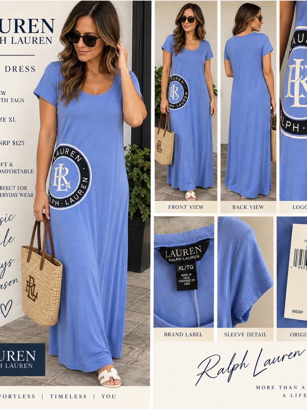Lauren Ralph Lauren Periwinkle Blue Scoop-Neck Short-Sleeve Maxi Dress with Logo